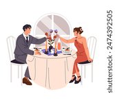 Romantic couple celebrates anniversary of dating in restaurant. People date, sitting on the table, cheers with wine glasses on candlelight dinner. Flat isolated vector illustration on white background