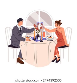 Romantic couple celebrates anniversary of dating in restaurant. People date, sitting on the table, cheers with wine glasses on candlelight dinner. Flat isolated vector illustration on white background