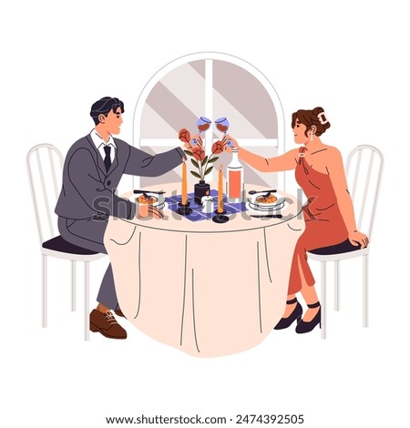 Romantic couple celebrates anniversary of dating in restaurant. People date, sitting on the table, cheers with wine glasses on candlelight dinner. Flat isolated vector illustration on white background