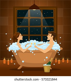 Romantic couple celebrating, taking bath in a vintage bathtub with bubbles, laughing and drinking champagne