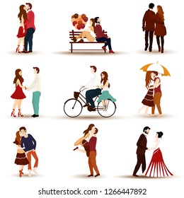 Romantic couple character in different poses on white background.