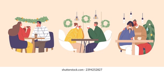 Romantic Couple Characters In A Cozy Christmas Cafe, Share Warm Moments By Twinkling Lights And Sip Cocoa