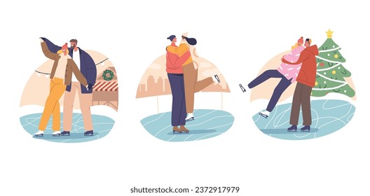 Romantic Couple Characters Gliding Gracefully On A Glistening Ice Rink, Hand In Hand. Love And Laughter Fill Frosty Air