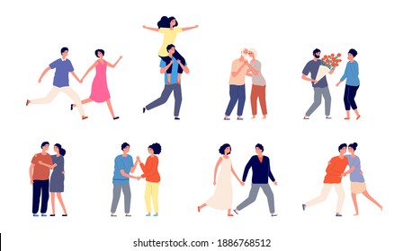 Romantic couple characters. Happy couples, romance adult hugging in love. Smiling people walking, isolated woman man partners vector set
