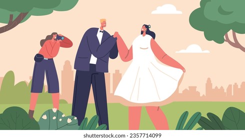 Romantic Couple Characters At Wedding Photo Shoot Capturing Love, Joy, And Moments Of Pure Bliss, Vector Illustration