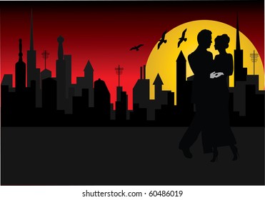 a romantic couple with city in background