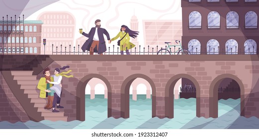 Romantic couple city flat composition with walking couples in love on the pavement vector illustration