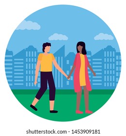 romantic couple in the city park vector illustration