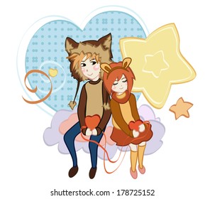 Romantic couple in the clouds with heart in hands