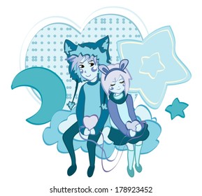 Romantic couple in the clouds with heart in hands