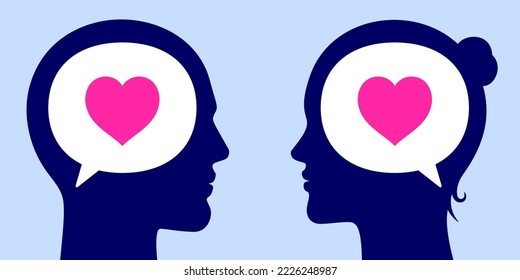 Romantic couple communicating with thoughts, concept vector illustration. Young man and woman with text bubbles and heart icons, looking and feeling in love with each other.