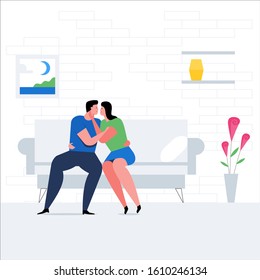 Romantic couple concept. Man and woman kiss on the couch. Romantic date cartoon banner. Flat Vector Illustration