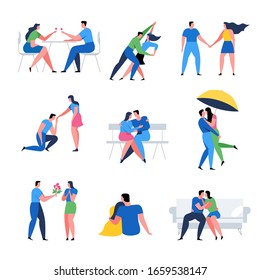 Romantic couple concepts set. Relationship of woman and man. Romantic date cartoon banner. Flat Vector Illustration