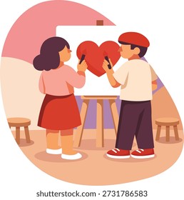 Romantisches Paar, das während eines kreativen Kunstdatums zur Valentinstag-Feier ein rotes Herz auf einer Staffelei malte. Nette, flache Vektorgrafik in warmen Tönen.