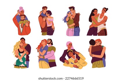 Romantic couple cuddles. Kiss and love. Lesbians embraces. Female and male hugging. Romance relationships. Girlfriend and boyfriend together. Beloved characters set. Vector illustration