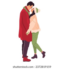 Romantic couple cuddling in winter clothes. Man and woman holding hands. Vector illustration isolated on white background.