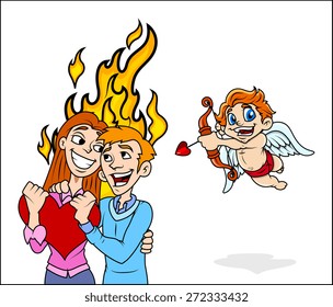 Romantic Couple with Cupid Character