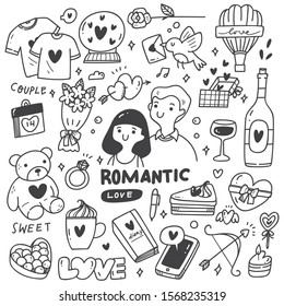 Romantic couple with cute doodles, heart, teddy bear, champagne