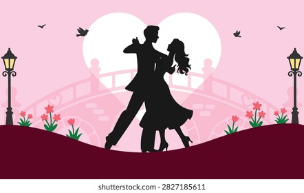 Romantic couple dancing bridge sunset silhouette vector illustration, love, romance, heart, lamp, park