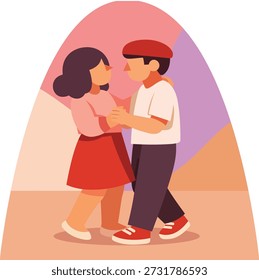 Romantisches Paar tanzt auf einem besonderen Datum für Valentinstag und Liebesausdruck. Stilisierte farbige isometrische flache Vektorgrafik.