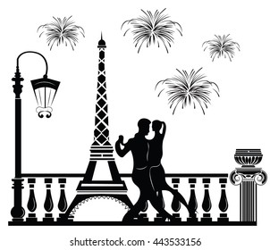 Romantic couple dancing in Paris. Tour Eiffel and fireworks on background. Vector sketch