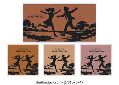 Romantic Couple Dancing Silhouette Poster Vector Set Design