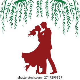 Romantic couple dancing under willow tree branches