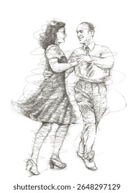 Romantic couple dancing in vintage scribble art sketch illustration 