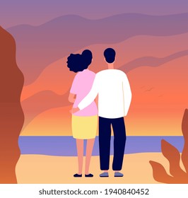 Romantic couple date. Hugging on sunset, tourists in love look on mountain sea landscape. Flat lovers together, seascape utter vector concept