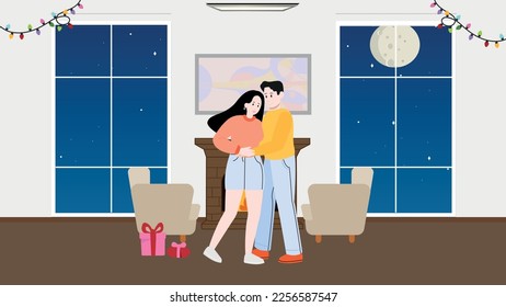 La pareja romántica cita. Hombre y mujer bailan en casa con luz de la luna. Día de San Valentín o actividad de cumpleaños. Romántica pareja de citas, interior. Dibujo vectorial.