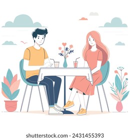 Una pareja romántica en una cita, rodeada de plantas. El fondo es minimalista, 