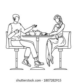 Romantische Coupé-Dating in Cafe kommunizieren Schwarze Linie Stift Zeichnen Vektorgrafik. Charaktere, die im Restaurant essen, sprechen und trinken Tee. Mensch und Frau verbringen Zeit zusammen Illustration