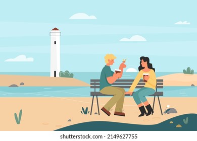 Romantic couple dating on sea beach landscape with lighthouse. Happy man and woman sitting on bench, cute coastline scene with young lovers drinking coffee flat vector illustration. Love, date concept