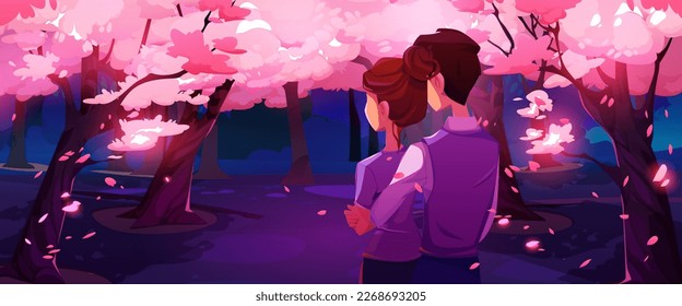 Romantic couple dating in sakura park. Vector cartoon illustration of young man and woman in love hugging, looking at cherry blossom trees blooming with neon pink flowers, petals flying in air