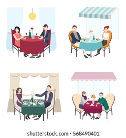 Romantic couple dinner in cafe, restaurant. set of men and woman date. Collection flat illustration.