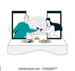 Romantic couple at dinner, drinks wine on online date. Vector illustration of man, woman on smartphone screen, stays at home. Communication technology, relationships on distance, meeting on quarantine