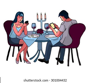 Romantic couple dinner, looking at their smart phones. Smart phone addicted people. Modern life concept. character design. Vector illustration