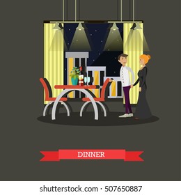 Romantic couple dinner in restaurant. Vector concept poster.