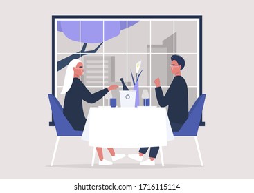 A romantic couple dinning in a fancy restaurant, modern lifestyle, celebrating event