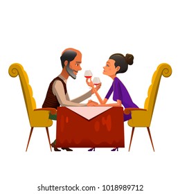 Romantic couple drinking wine in cafe. Illustration of mature happy couple looking at each other and drinking wine at table in romantic cafe.