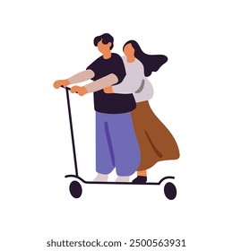 Romantic couple drives on electric kick scooter together. Happy friends ride on urban eco transport. Girlfriend holds on waist of boyfriend walk. Flat isolated vector illustration on white background