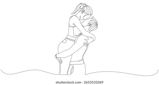 Romantic Couple Embracing After Workout – One Line Drawing in Minimalist Style