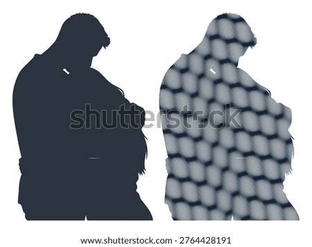 Romantic couple embracing, dark silhouette, abstract pattern fill, love, affection.