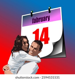 Romantic couple embracing with february 14 calendar page in the background, celebrating valentine's day