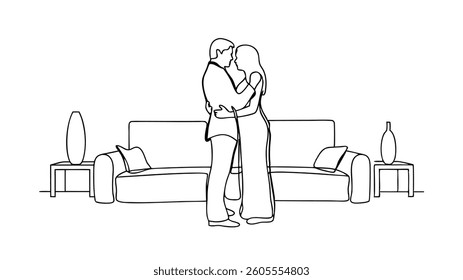 Romantic Couple Embracing in Living Room, Line Art Drawing