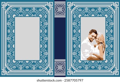 Romantic couple embracing on a photo album page with ornate blue border  perfect for wedding or anniversary memories. Hand drawn Illustration