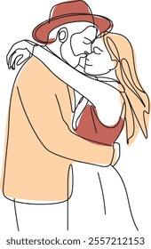 Romantic Couple Embracing in Pastel Line Art Expression of Love and Affection sharing tender moment HUGGING AND dancing