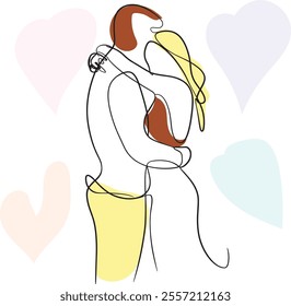 Romantic Couple Embracing in Pastel Line Art Expression of Love and Affection sharing tender moment HUGGING AND dancing