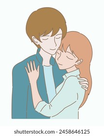 Romantic couple embracing, slow dancing. Love couple woman and man hugging. Hand drawn flat cartoon character vector illustration.