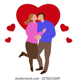  romantic couple embracing, surrounded by red hearts.   Flat style vector illustration isolated on white background for postcard, poster, article, 14 February, valentines day concept 